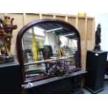 A LARGE ANTIQUE CARVED MAHOGANY FRAME OVERMANTLE MIRROR. W.145 x H.115cms (PLUS PEDIMENT)