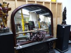 A LARGE ANTIQUE CARVED MAHOGANY FRAME OVERMANTLE MIRROR. W.145 x H.115cms (PLUS PEDIMENT)