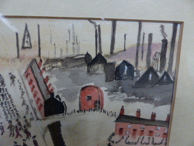 CIRCLE OF LOWRY 20th.C. (ARR) AN INDUSTRIAL TOWNSCAPE WATERCOLOUR. 17.5 x 25cms. - Image 6 of 7