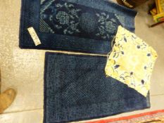 AN ANTIQUE CHINESE MAT. 68 x 64cms. TOGETHER WITH TWO ANTIQUE CHINESE SMALL RUGS.