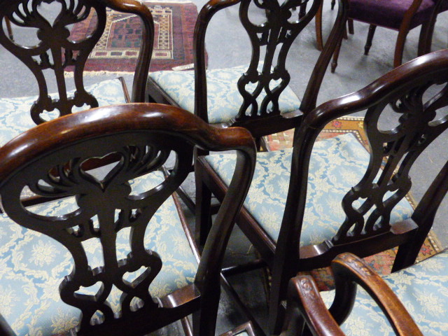 A SET OF SIX ANTIQUE GEO.III.STYLE MAHOGANY ARMCHAIRS WITH CURVED SEATS AND CARVED PIERCED BACKS. - Image 12 of 21