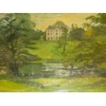 FRANK CRYER 20th.C. (ARR) A COUNTRY HOUSE SIGNED AND DATED 1963, OIL ON BOARD. 51 x 77cms.