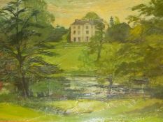 FRANK CRYER 20th.C. (ARR) A COUNTRY HOUSE SIGNED AND DATED 1963, OIL ON BOARD. 51 x 77cms.