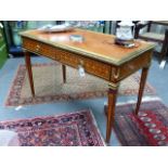 A GOOD QUALITY LOUIS XVI STYLE GILT BRASS MOUNTED TWO DRAWER LIBRARY TABLE WITH INLAID DECORATION