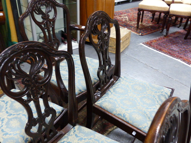 A SET OF SIX ANTIQUE GEO.III.STYLE MAHOGANY ARMCHAIRS WITH CURVED SEATS AND CARVED PIERCED BACKS. - Image 5 of 21