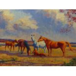 A G DEACON 20th.C. (ARR) HORSES IN PARKLAND SIGNED AND DATED 1965, OIL ON BOARD 39 x 60cms.
