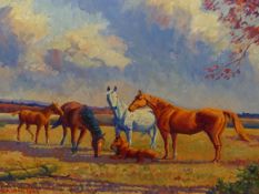 A G DEACON 20th.C. (ARR) HORSES IN PARKLAND SIGNED AND DATED 1965, OIL ON BOARD 39 x 60cms.