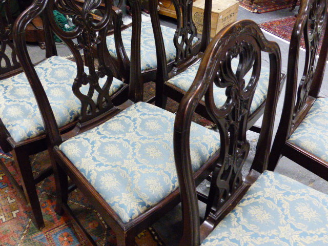 A SET OF SIX ANTIQUE GEO.III.STYLE MAHOGANY ARMCHAIRS WITH CURVED SEATS AND CARVED PIERCED BACKS. - Image 4 of 21