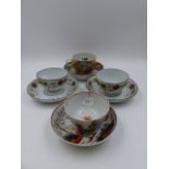 A 19th.C. NEWHALL TEA CUP AND SAUCER DECORATED WITH CHINOISERIE SCENES, A PAIR OF TEA BOWLS AND