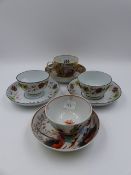 A 19th.C. NEWHALL TEA CUP AND SAUCER DECORATED WITH CHINOISERIE SCENES, A PAIR OF TEA BOWLS AND