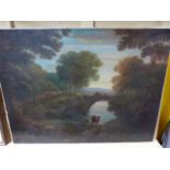 EARLY 19th.C. ENGLISH SCHOOL A WOODED RIVERSCAPE WITH CATTLE, OIL ON CANVAS. 47 x 62cms. UNFRAMED.