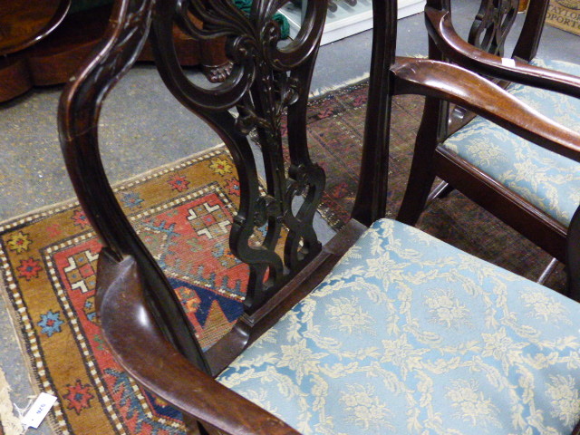 A SET OF SIX ANTIQUE GEO.III.STYLE MAHOGANY ARMCHAIRS WITH CURVED SEATS AND CARVED PIERCED BACKS. - Image 7 of 21