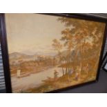A LARGE CONTINENTAL FRAMED TAPESTRY OF AN ITALIANATE RIVER SCENE. OVERALL 150 x 200cms.