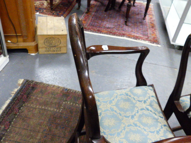 A SET OF SIX ANTIQUE GEO.III.STYLE MAHOGANY ARMCHAIRS WITH CURVED SEATS AND CARVED PIERCED BACKS. - Image 9 of 21