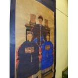 A LARGE CHINESE ANCESTOR PORTRAIT OF THREE FIGURES, WATERCOLOUR ON PAPER AND MOUNTED AS A SCROLL.