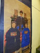 A LARGE CHINESE ANCESTOR PORTRAIT OF THREE FIGURES, WATERCOLOUR ON PAPER AND MOUNTED AS A SCROLL.