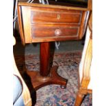 AN EARLY VICTORIAN MAHOGANY PEDESTAL WORK TABLE ON OCTAGONAL COLUMN AND PLATFORM BASE. H.74cms.