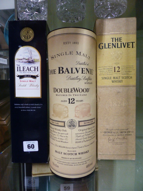 WHISKEY, THREE BOTTLES OF WHISKEY TO INCLUDE THE BALVENIE, THE ILEACH AND THE GLENLIVET.