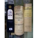 WHISKEY, THREE BOTTLES OF WHISKEY TO INCLUDE THE BALVENIE, THE ILEACH AND THE GLENLIVET.