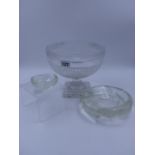 AN EDWARDIAN GLASS PEDESTAL BOWL. 20cms. DIAMETER x 18cms. HIGH AND TWO OTHER SMALL GLASS DISHES (