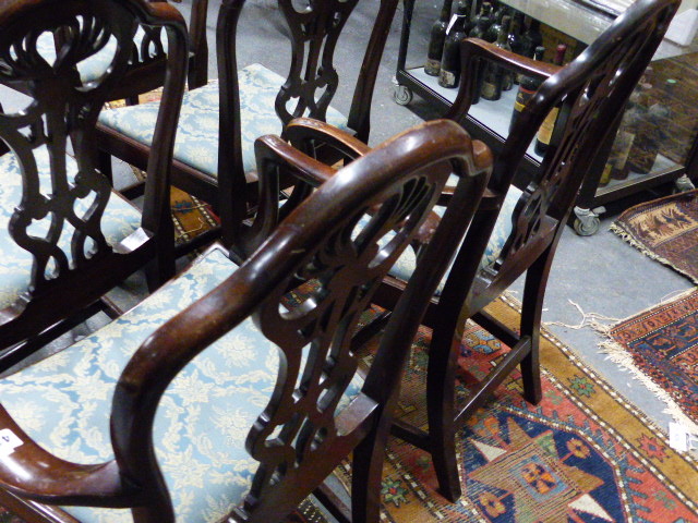 A SET OF SIX ANTIQUE GEO.III.STYLE MAHOGANY ARMCHAIRS WITH CURVED SEATS AND CARVED PIERCED BACKS. - Image 14 of 21