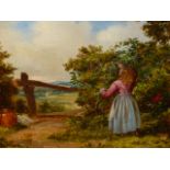 19th.C. ENGLISH SCHOOL BERRY PICKING, OIL ON CANVAS. 30 x 41cms.