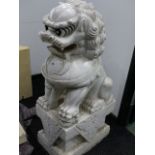 AN IMPRESSIVE PAIR OF CARVED WHITE MARBLE FOO LIONS ON SQUARE PLINTHS. H. 108cms.