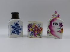 TWO 18th.C. MEISSEN TYPE TEA CANNISTERS H.12 & 13cms. TOGETHER WITH A MEISSEN CYLINDRICAL POT. H.