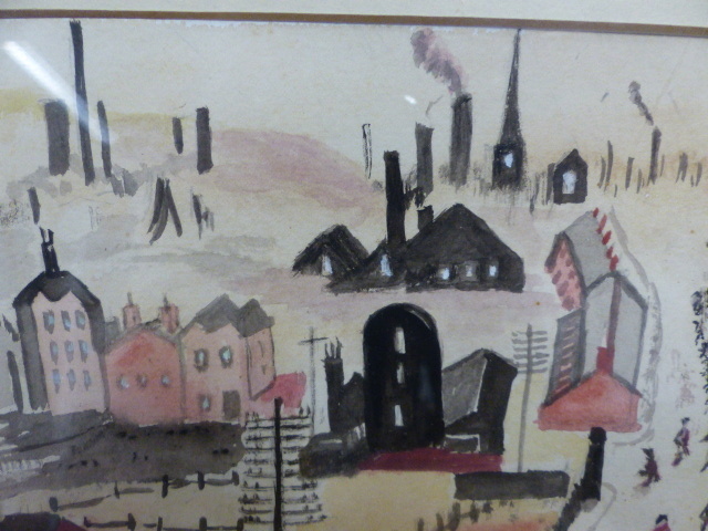 CIRCLE OF LOWRY 20th.C. (ARR) AN INDUSTRIAL TOWNSCAPE WATERCOLOUR. 17.5 x 25cms. - Image 5 of 7