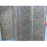 A LARGE ARTS AND CRAFTS FOUR PANEL FLOOR SCREEN WITH HAND BLOCK PRINTED DECORATIVE PANELS. H.165 x