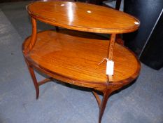 A SATINWOOD AND INLAID OVAL TWO TIER ETERGE. W.88cms.