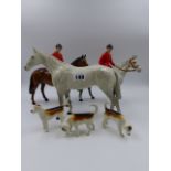 A BESWICK MODEL OF A GREY HORSE, TWO BESWICK MODELS OF HUNTSMEN ON HORSES AND THREE BESWICK