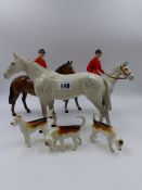 A BESWICK MODEL OF A GREY HORSE, TWO BESWICK MODELS OF HUNTSMEN ON HORSES AND THREE BESWICK