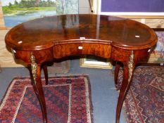 A 19th.C.WALNUT AND INLAID KIDNEY SHAPED WRITING TABLE ON CABRIOLE LEGS AND BRASS MOUNTS. 105 x