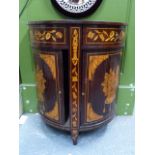 A 19th.C.DUTCH MARQUETRY INLAID DEMI LUNE SIDE CABINET WITH TAMBOUR DOORS. W.66 x H.75cms.