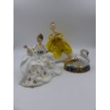A ROYAL DOULTON FIGURINE MY LOVE H.N. 2339, ANOTHER, THE LAST WALTZ H.N.2315 AND A DERBY SWAN