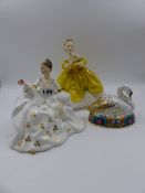 A ROYAL DOULTON FIGURINE MY LOVE H.N. 2339, ANOTHER, THE LAST WALTZ H.N.2315 AND A DERBY SWAN