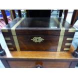 A VICTORIAN ROSEWOOD BRASS BOUND WRITING BOX WITH FITTED INTERIOR. W.40cms.