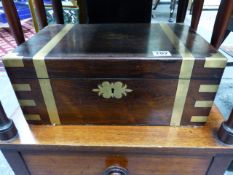 A VICTORIAN ROSEWOOD BRASS BOUND WRITING BOX WITH FITTED INTERIOR. W.40cms.