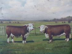 H.CROWTHER EARLY 20th.C.BRITISH NAIVE SCHOOL, PORTRAIT OF TWO PRIZE BULLS SIGNED AND DATED 1921, OIL