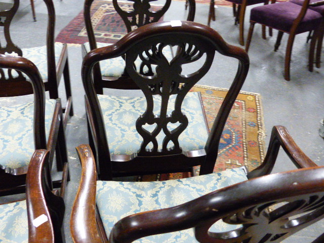 A SET OF SIX ANTIQUE GEO.III.STYLE MAHOGANY ARMCHAIRS WITH CURVED SEATS AND CARVED PIERCED BACKS. - Image 11 of 21