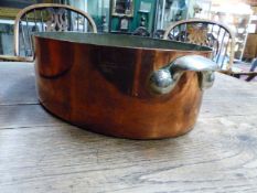 A 19th.C.LARGE OVAL COPPER PAN WITH LID MONOGRAMNED R.C.P. TOGETHER WITH A SIMILAR SMALLER PAN.