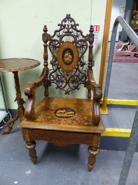 A 19th.C.SWISS BLACK FOREST CARVED AND INLAID ARMCHAIR WITH UNUSUAL SPRUNG SEAT AND INTEGRAL - Image 2 of 48