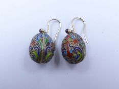 A PAIR OF CLOISONNE BOMBE EARRINGS.