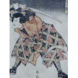FOUR JAPANESE COLOUR WOODBLOCK PRINTS OF SWORDSMEN ALL SIGNED AND INSCRIBED. 35.5 x 24.5cms.