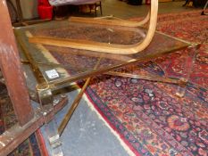 A LARGE PIERRE VANDEL MID CENTURY GLASS TOPPED COFFEE TABLE WITH LUCITE SUPPORTS. 93 x 93cms.