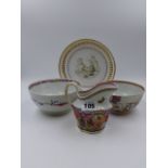 A 19th.C. NEWHALL SUGAR BOWL AND CREAM JUG, A SLOP BOWL 15cms DIAMETER, A PORCELAIN SAUCER DISH WITH