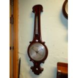 A 19th.C.MAHOGANY CASED TWO DIAL BANJO BAROMETER WITH UNSIGNED 25cms,DIAL. OVERALL H.102cms.