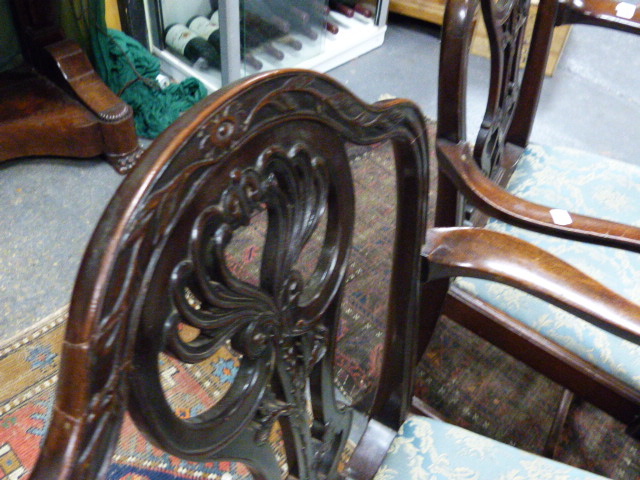 A SET OF SIX ANTIQUE GEO.III.STYLE MAHOGANY ARMCHAIRS WITH CURVED SEATS AND CARVED PIERCED BACKS. - Image 8 of 21