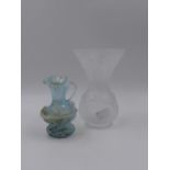 A LALIQUE MOULDED GLASS VASE WITH BIRD AND FRUIT DECORATION. H.13cms. AND A SMALL MURANO EWER OF
